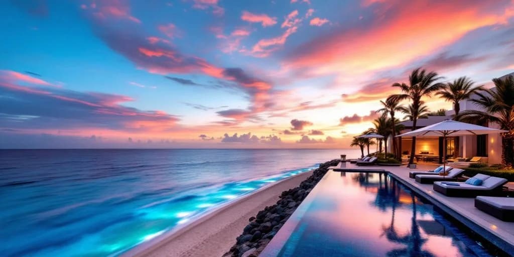 Infinity pool at Where Elegance Meets the Sea at Nobu Hotel Los Cabos next to beach at sunset