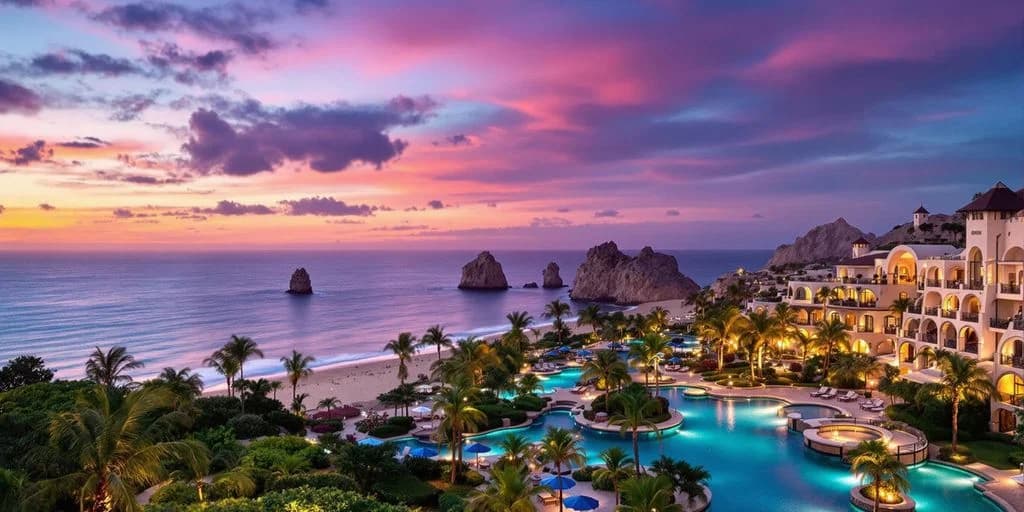 Resort aerial at Where Luxury Meets Nature at Four Seasons Los Cabos at sunset with ocean beyond