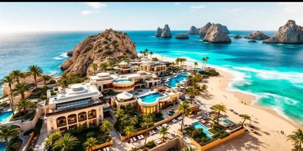 Luxury resort aerial at Where Luxury Meets the Ocean at The Cape Hotel Cabo with beach and rock formations