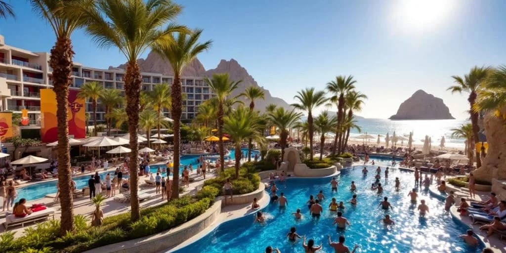 Resort pool at Where Music Meets Luxury at Hard Rock Hotel Cabo with many people, palm trees