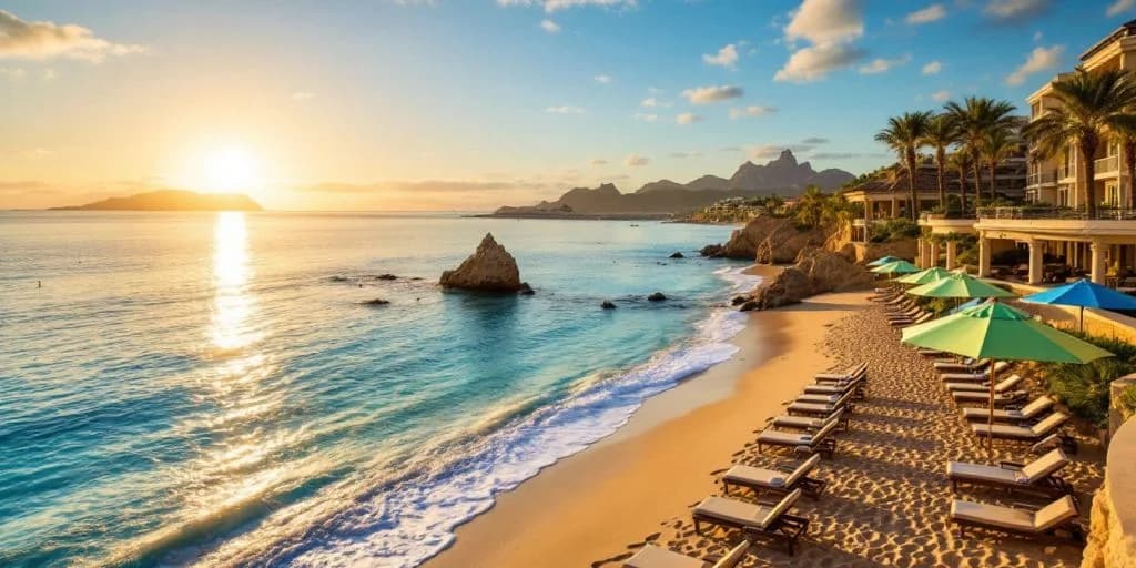 Beach scene at Where Style Meets the Sea at The Cape Cabo at sunset, with rock formations