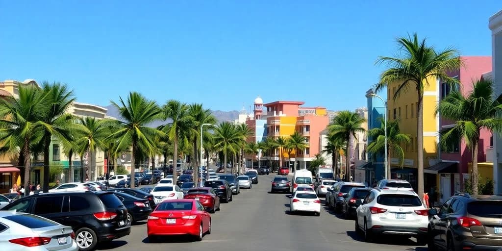 Street scene at Where to Park in Downtown Cabo (With Price List) with cars, palm trees, buildings