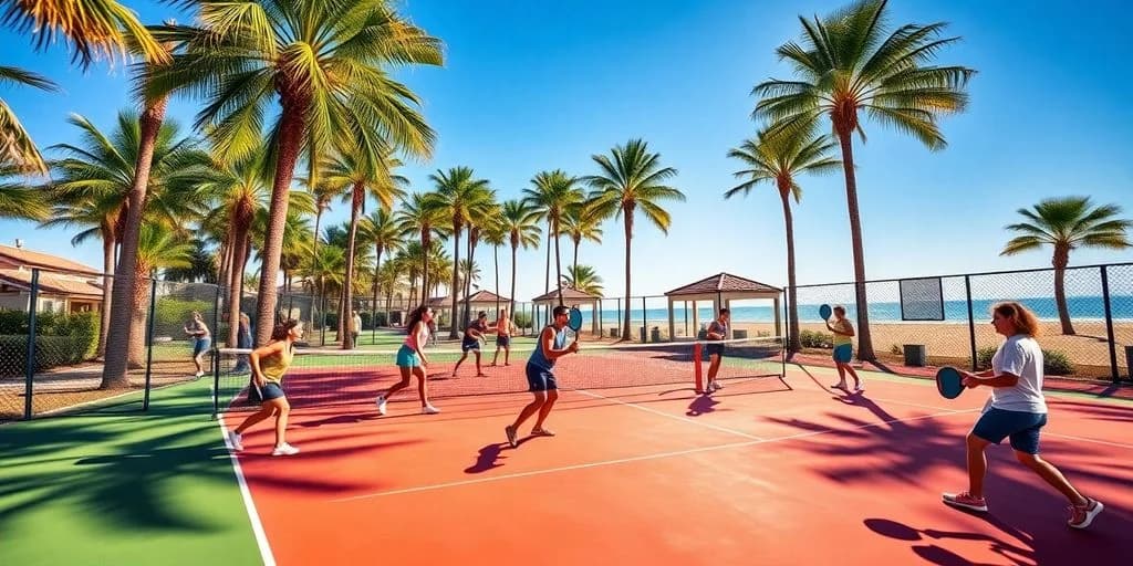 Tennis court 1 at Where to Play Pickleball in Los Cabos with players, palm trees, ocean