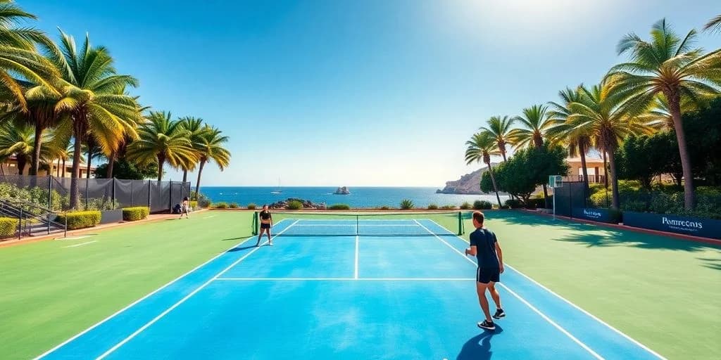 Tennis court 2 at Where to Play Tennis in Los Cabos: Public & Private Courts with players, ocean, mountains