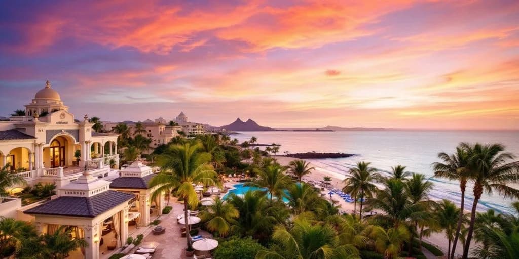 Resort aerial at Where Tradition Meets Luxury at Pueblo Bonito Cabo at sunset, with pool and beach