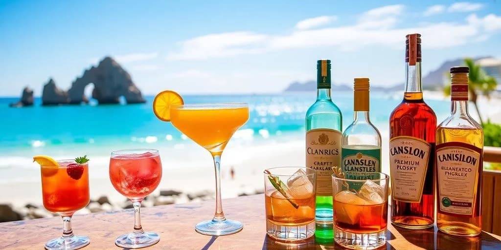 Cocktails at Which All-Inclusives Have Premium Liquor in Los Cabos? on table, with ocean background
