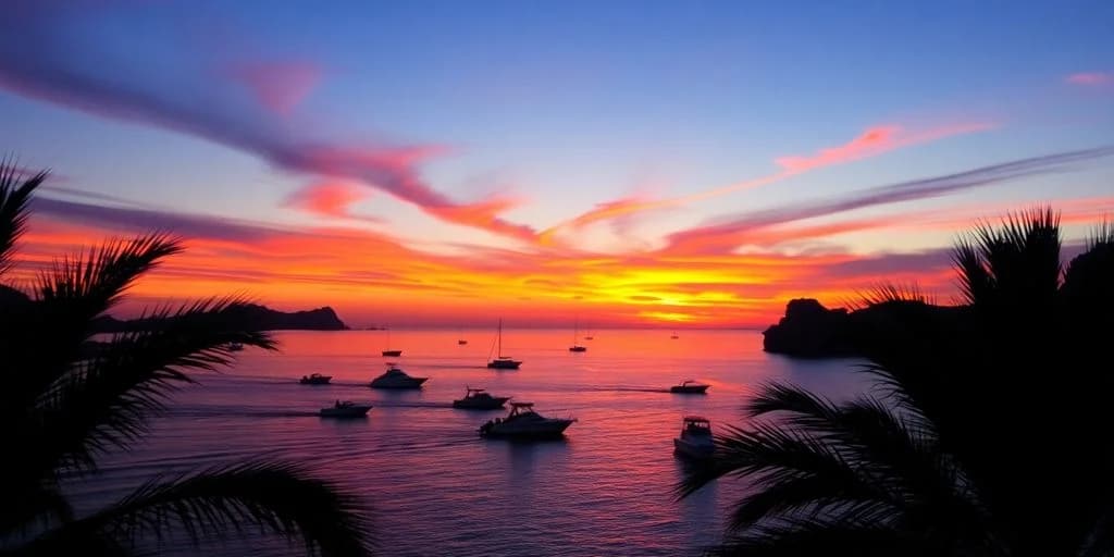 Boats at sunset at Which Sunset Cruise in Cabo? Comparing 15 Popular Options on ocean, vibrant sky