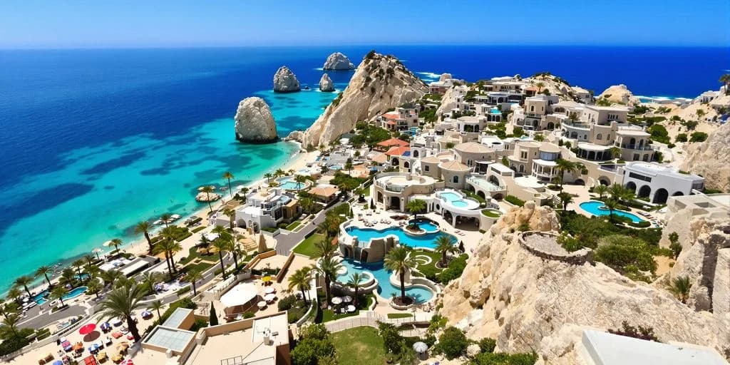 Coastal resort aerial at Why Billionaires Are Buying Cabo Real Estate at Record Prices with pools, beach, rock formations