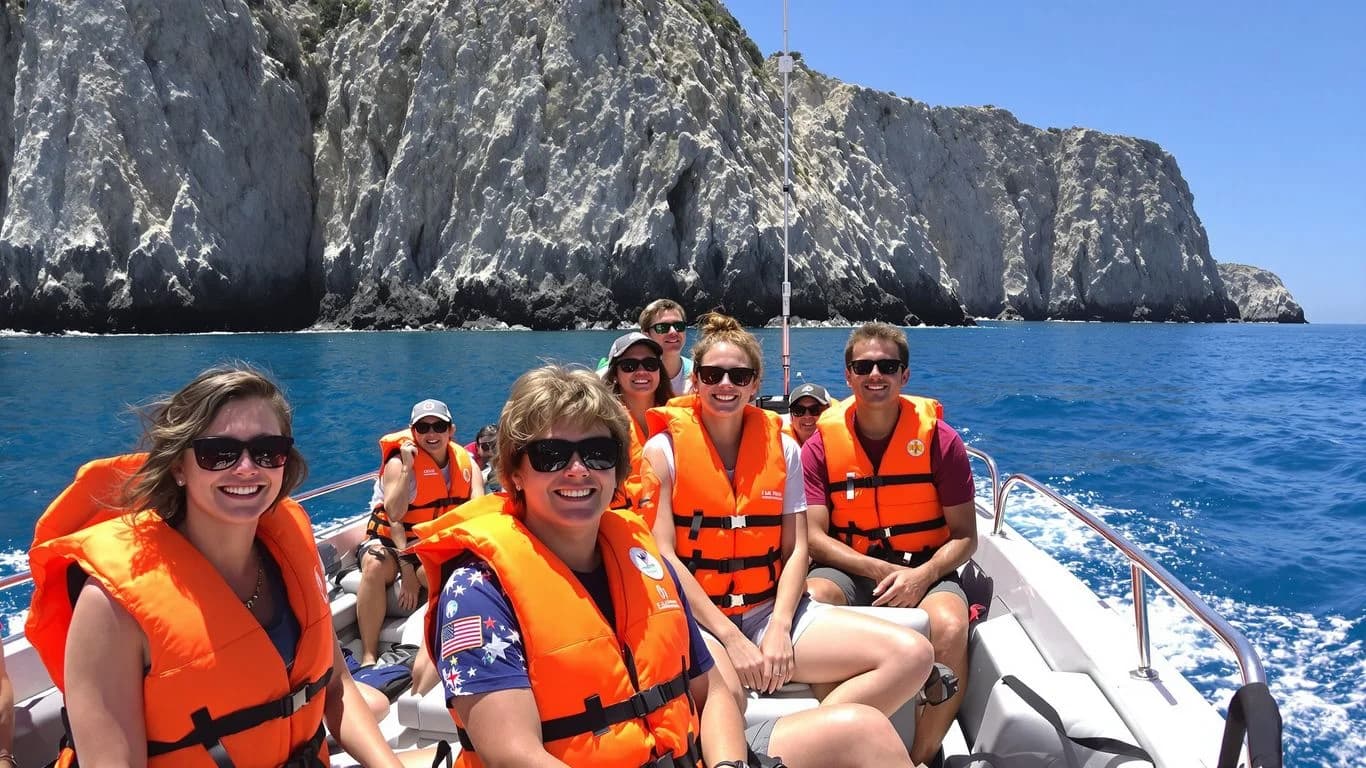 Boat passengers at Why Cabo Adventure Tours Have Higher Safety Ratings Than Competitors wearing life vests, rocky cliffs