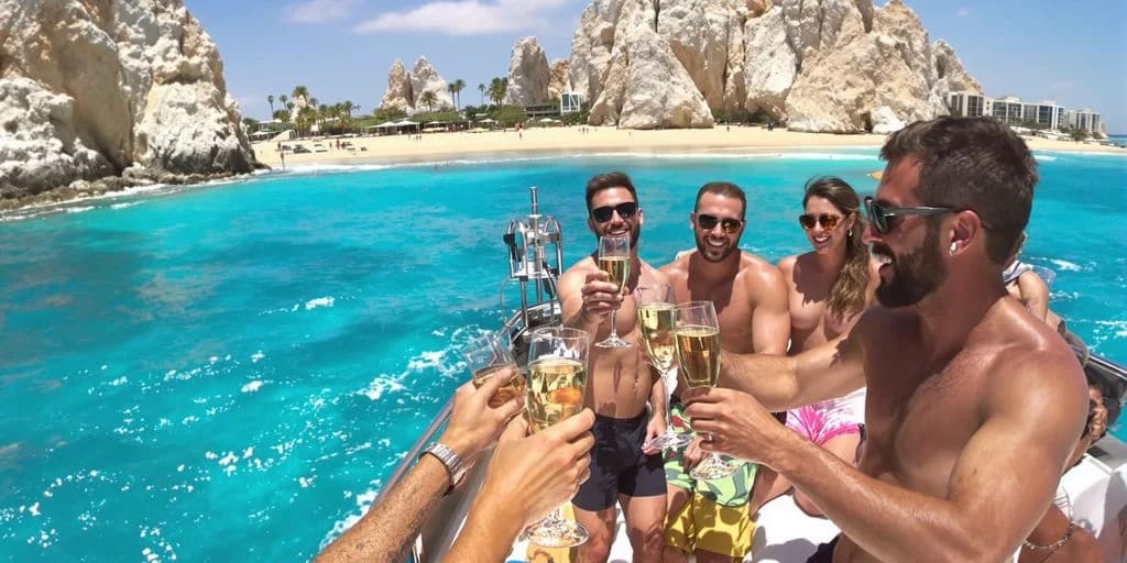 People on boat at Why Cabo Bachelor Parties Beat Vegas (Cost Breakdown Inside) holding champagne, beach beyond