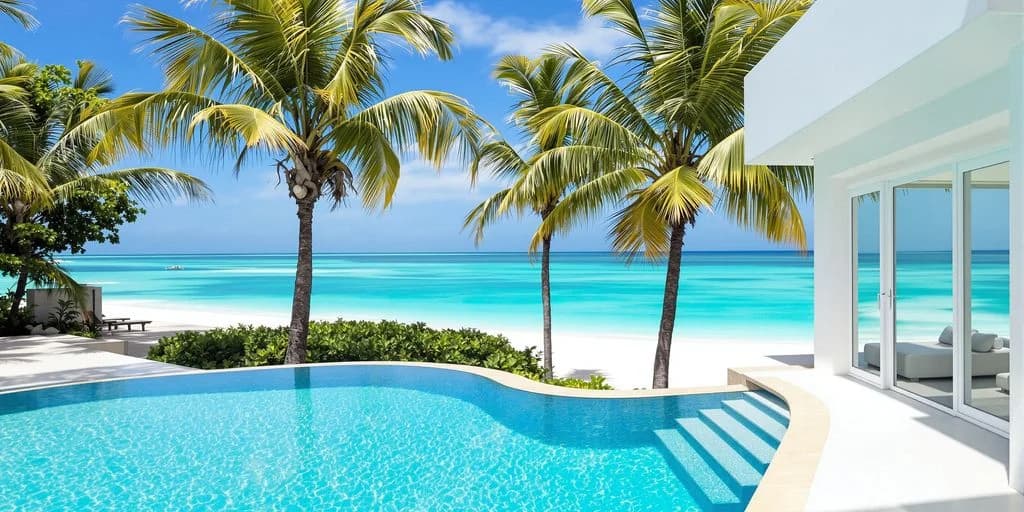 Swimming pool at Why Cabo Beachfront Villas Beat Malibu & Miami Beach Rentals with palm trees, ocean beyond