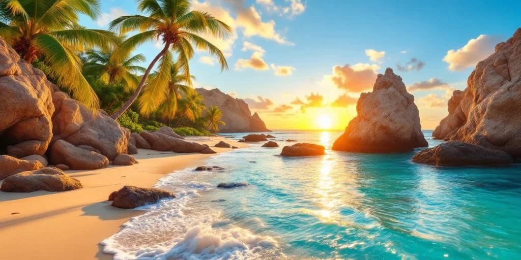 Beach sunset at Why Cabo Mexico Is the Ultimate Vacation Spot with palm trees, rocks