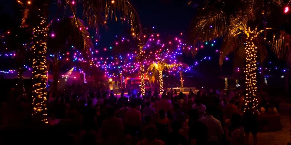 Night party at Why Cabo Nightlife Beats Vegas (And Costs 50% Less) under lit palm trees, many people