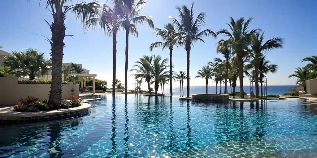 Infinity pool at Why Cabo Spa Services Cost 60% Less Than Napa Valley with palm trees, ocean beyond