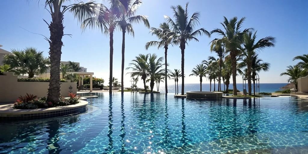 Infinity pool at Why Cabo Spa Services Cost 60% Less Than Napa Valley with palm trees, ocean beyond
