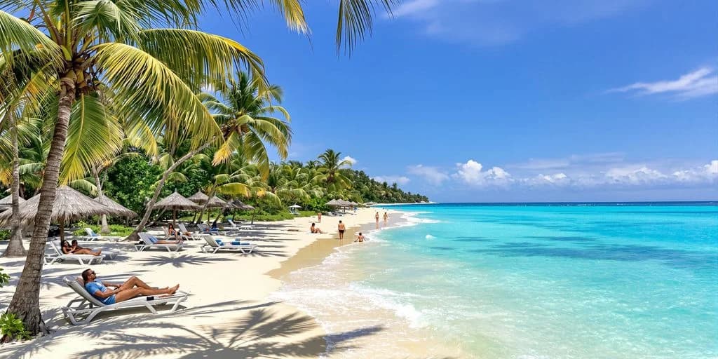 Tropical beach scene at Why Cabo Vacation Packages Beat Hawaii Deals by $1,500+ with people, clear blue water