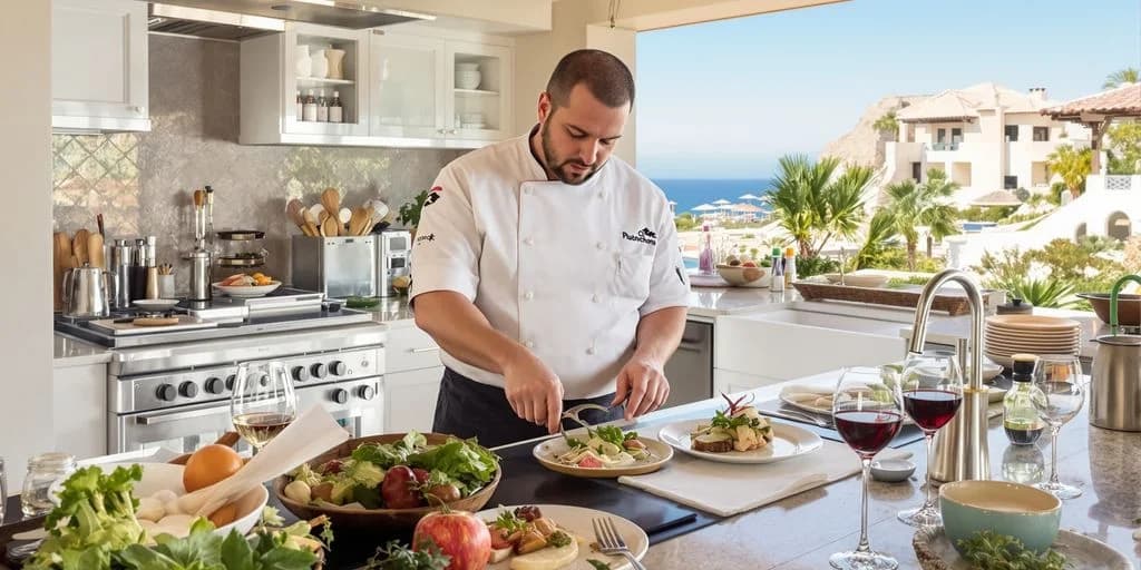 Chef plating food at Why Cabo Villa Chefs Are Cheaper Than NYC Personal Chefs in kitchen with ocean view