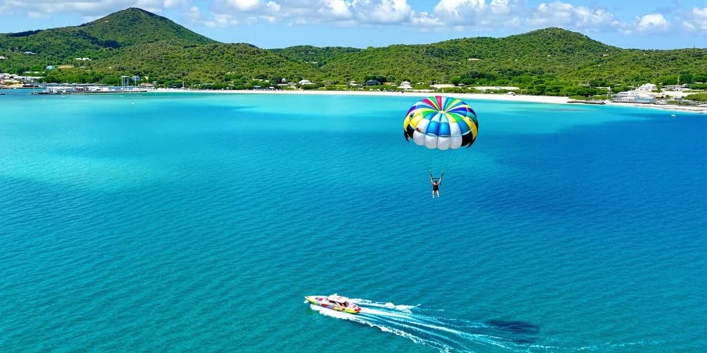 Parasailing at Why Cabo Water Sports Beat Caribbean Prices by 40% over turquoise ocean, boat below
