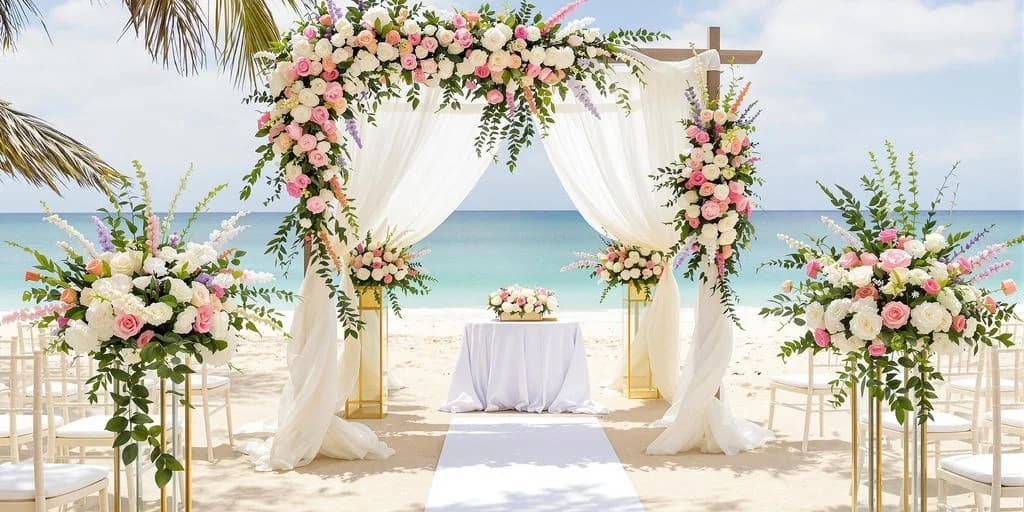 Beach wedding arch at Why Cabo Weddings Cost $10,000 vs $35,000 in the US with flowers, on sand, ocean beyond
