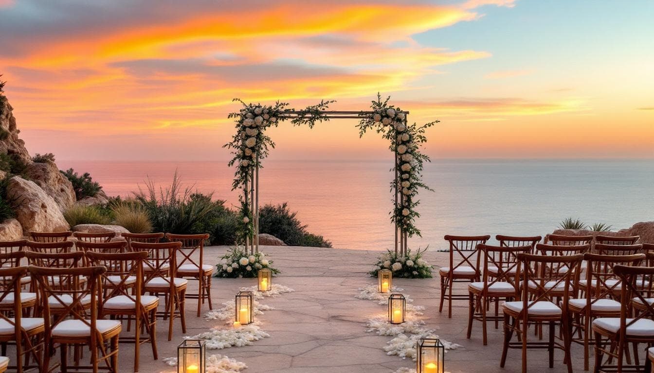 Wedding arch at When the Altar Meets the Ocean: Why Cabo Weddings Aren't Just Events, They're Experiences. at sunset, with