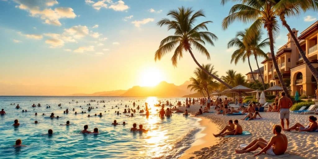 Crowded beach at Why Choosing All-Inclusive in Cabo Is the Best Way to Vacation at sunset, with palm trees