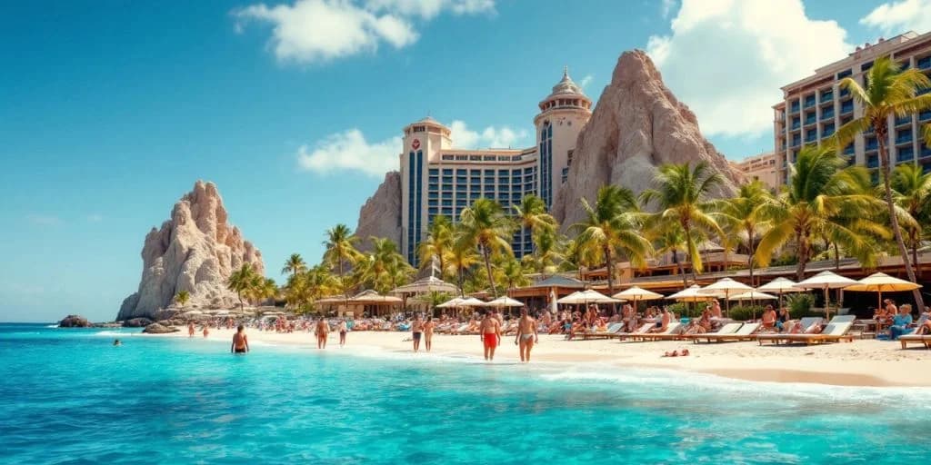 Beach hotel at Why Hard Rock Cabo Is the Hottest Resort Right Now with people, palm trees