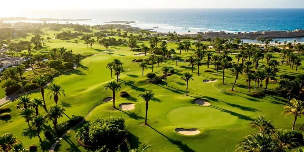 Golf course at Why Hilton Los Cabos Is a Golfer's Paradise with ocean beyond, aerial view