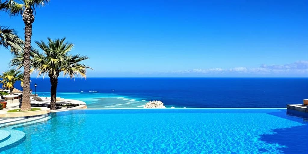 Infinity pool at Why Los Cabos Resorts Beat Cancun & Jamaica for Value with ocean and small island