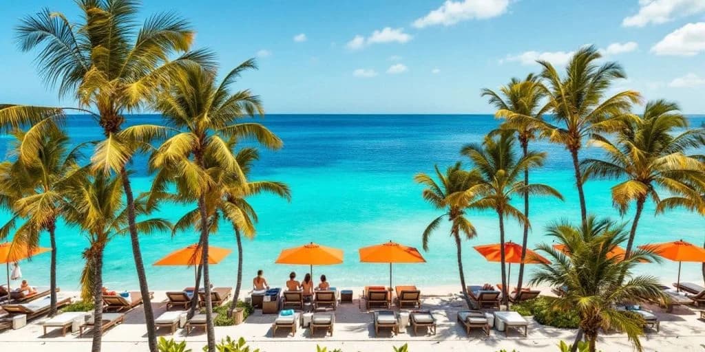 Beach scene at Why Nobu Cabo Is a Celebrity Favorite Resort people under umbrellas, palm trees