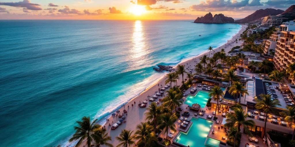 Beach resort at Why Nobu Cabo San Lucas Is the Talk of the Town aerial at sunset, ocean waves