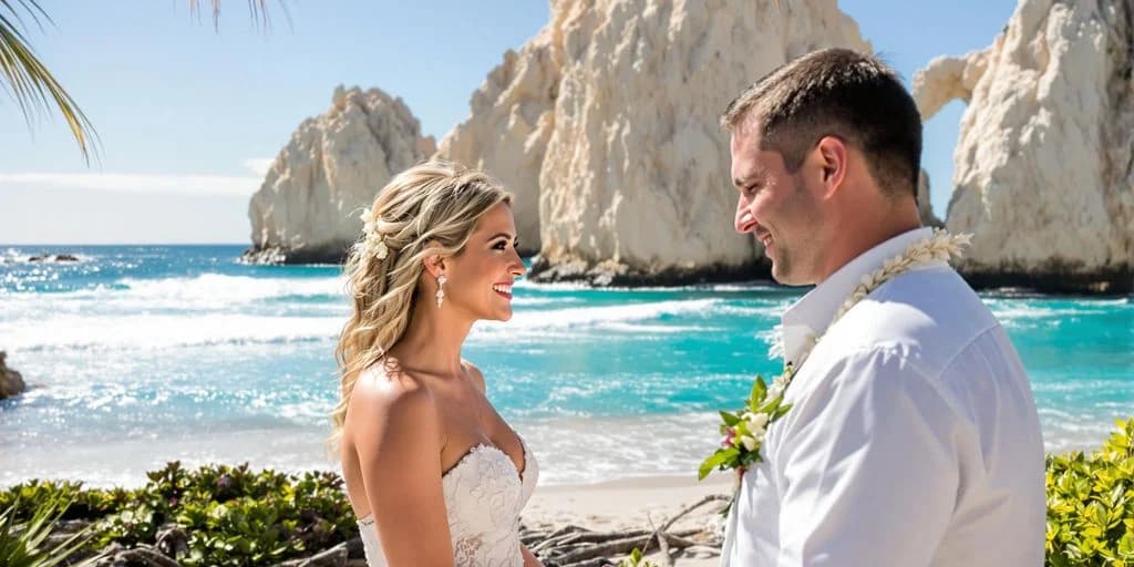 Wedding couple at Why Smart Couples Choose Cabo Over Tuscany for Destination Weddings on beach, rocky cliffs background