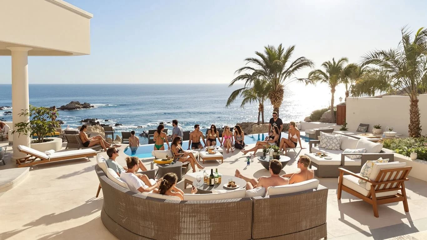 Poolside gathering at Why Smart Event Planners Choose Cabo Group Rentals Over Hotels people relaxing by ocean