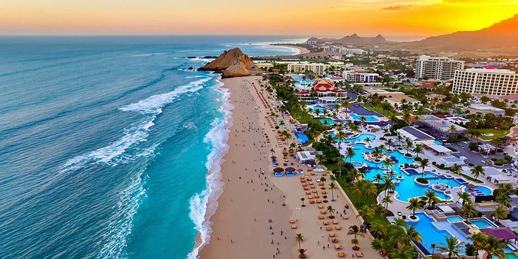 Beach resort aerial at Why Smart Travelers Book Cabo Hotels 6 Months in Advance long beach, many umbrellas, sunset