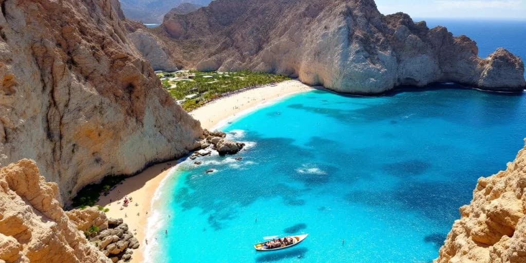 Secluded beach at Why The Cape Cabo San Lucas Should Be on Your Bucket List boat in turquoise water, cliffs