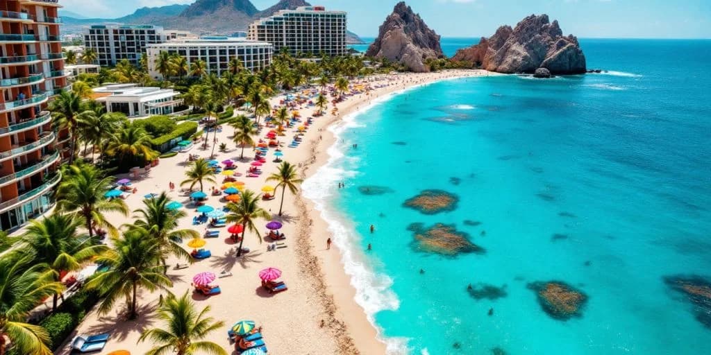 Beach resort aerial at Why This Is the Best All-Inclusive Resort in Cabo many umbrellas, turquoise water, cliffs