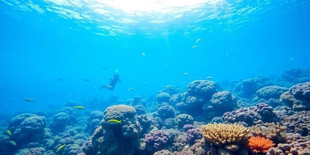 Underwater coral reef at Winter Diving in Los Cabos: Best Sites Guide with scuba diver, bright blue water