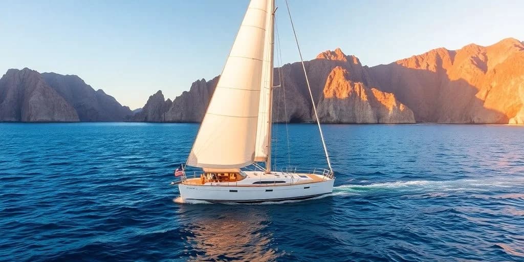 Sailing yacht at Winter Sailing in Los Cabos: Weather Guide at sunset, with rocky mountains