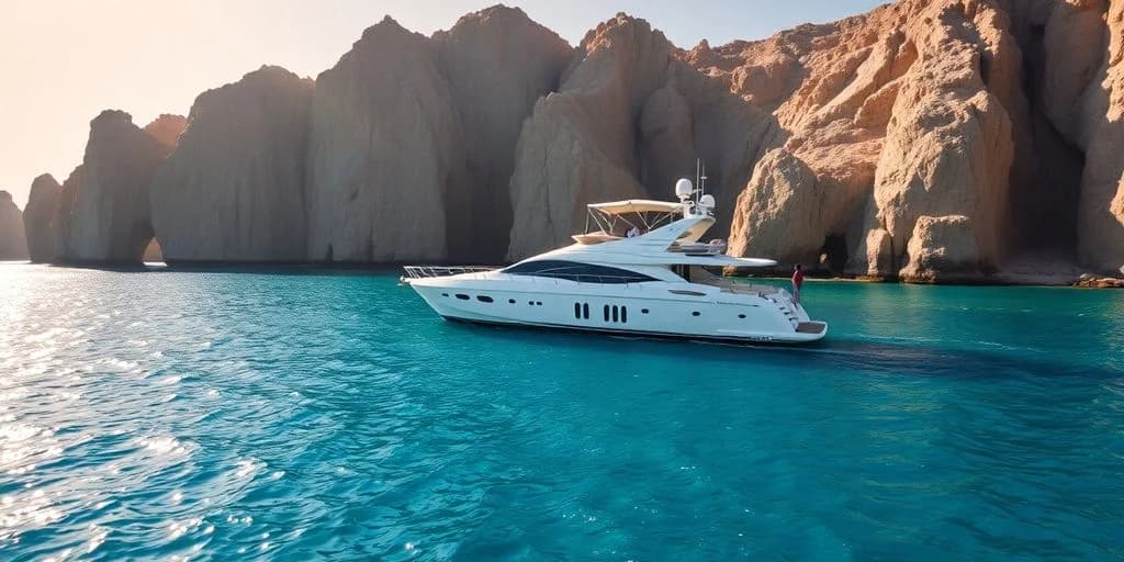 Motor yacht 1 at Working with a Yacht Broker in Cabo: Complete Guide in turquoise water, by cliffs