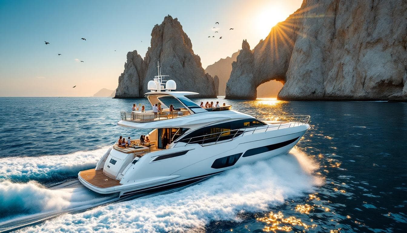 Motor yacht 2 at Beyond the Postcard: How to Really Do a Yacht Day in Cabo Like You Own the Place at sunset, with rock