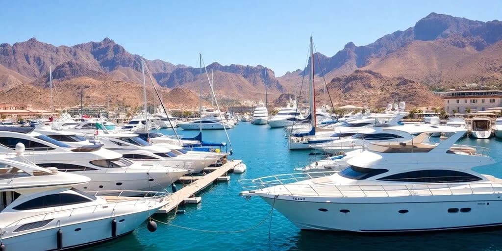 Boat marina at Yacht Fuel Prices in Cabo: Marina Comparison with mountains in background