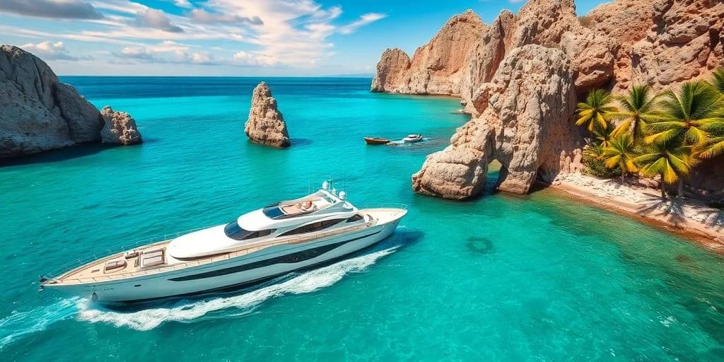 Super yacht 2 at Yacht Week Cabo: Complete Planning Guide in turquoise bay, with rock formations
