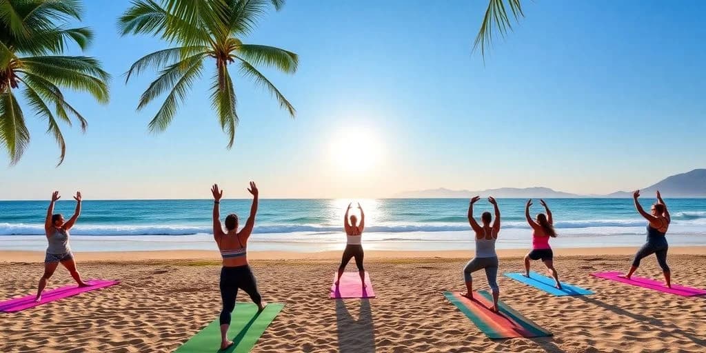 Beach yoga at Yoga Retreats in Los Cabos: Center Comparison at sunrise, with palm trees