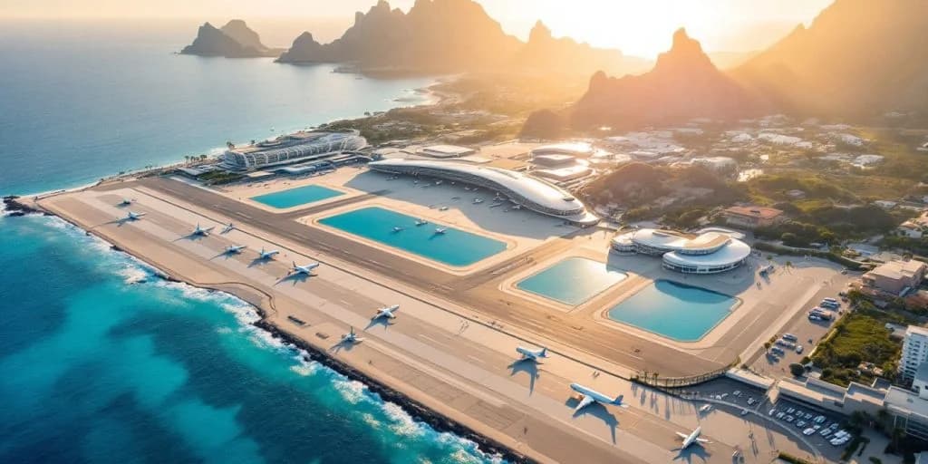 Coastal airport at Your Guide to Cabo San Lucas International Airport aerial view, at sunset