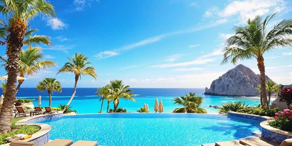 Infinity pool at Your guide to the best of all inclusive resorts in cabo san lucas mexico with palm trees, ocean beyond