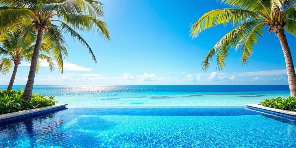 Infinity pool at Your guide to the best of all inclusive resorts in san lucas cabo with palm fronds, ocean beyond