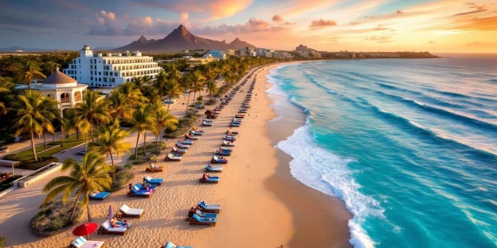 Beach aerial at Your Guide to the Most Luxurious All-Inclusive Resorts in Cabo Mexico with many lounge chairs, mountains