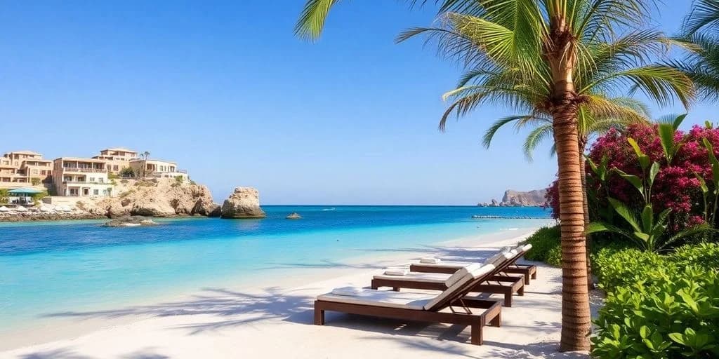 Beach lounge chairs at Zoetry Cabo Combines Wellness and Luxury with palm fronds, clear ocean