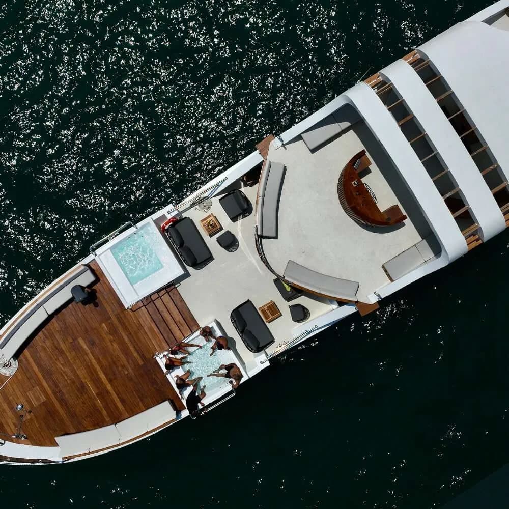 Yacht deck at Private Pilates Session aerial view, with hot tub in Los Cabos