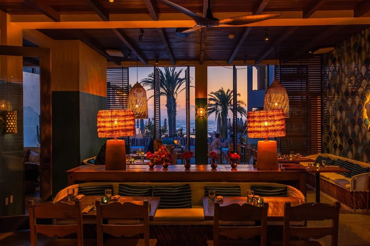 Outdoor dining at Benno at sunset, with ocean view in Todos Santos