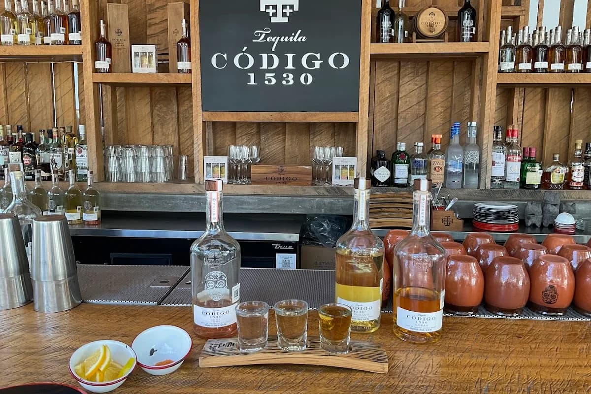 Tequila tasting at Codigo Tasting House with bottles and shot glasses in San José del Cabo